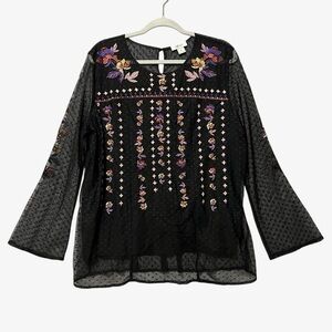 Style & Co. Black Sheer Floral Embroidered Blouse Size XL Whimsigoth Long Sleeve